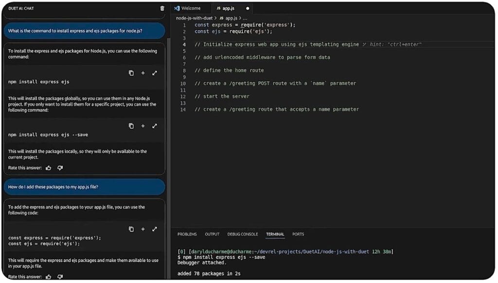 Duet Ai for developers dashboard
