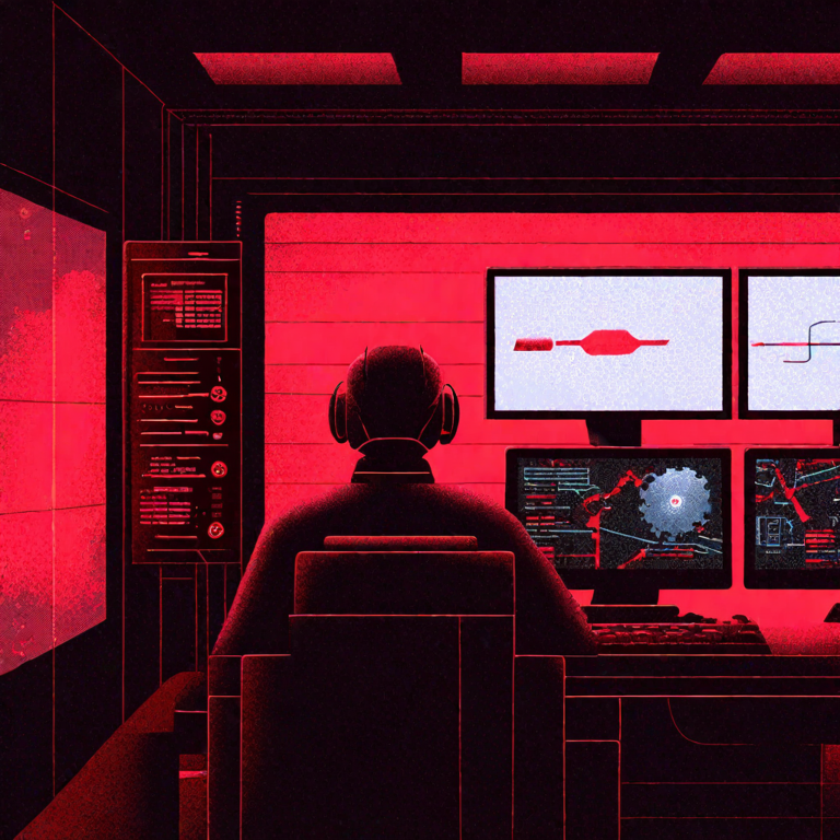 A web developer with computers in a room