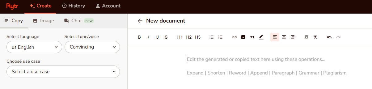Rytr new document creation