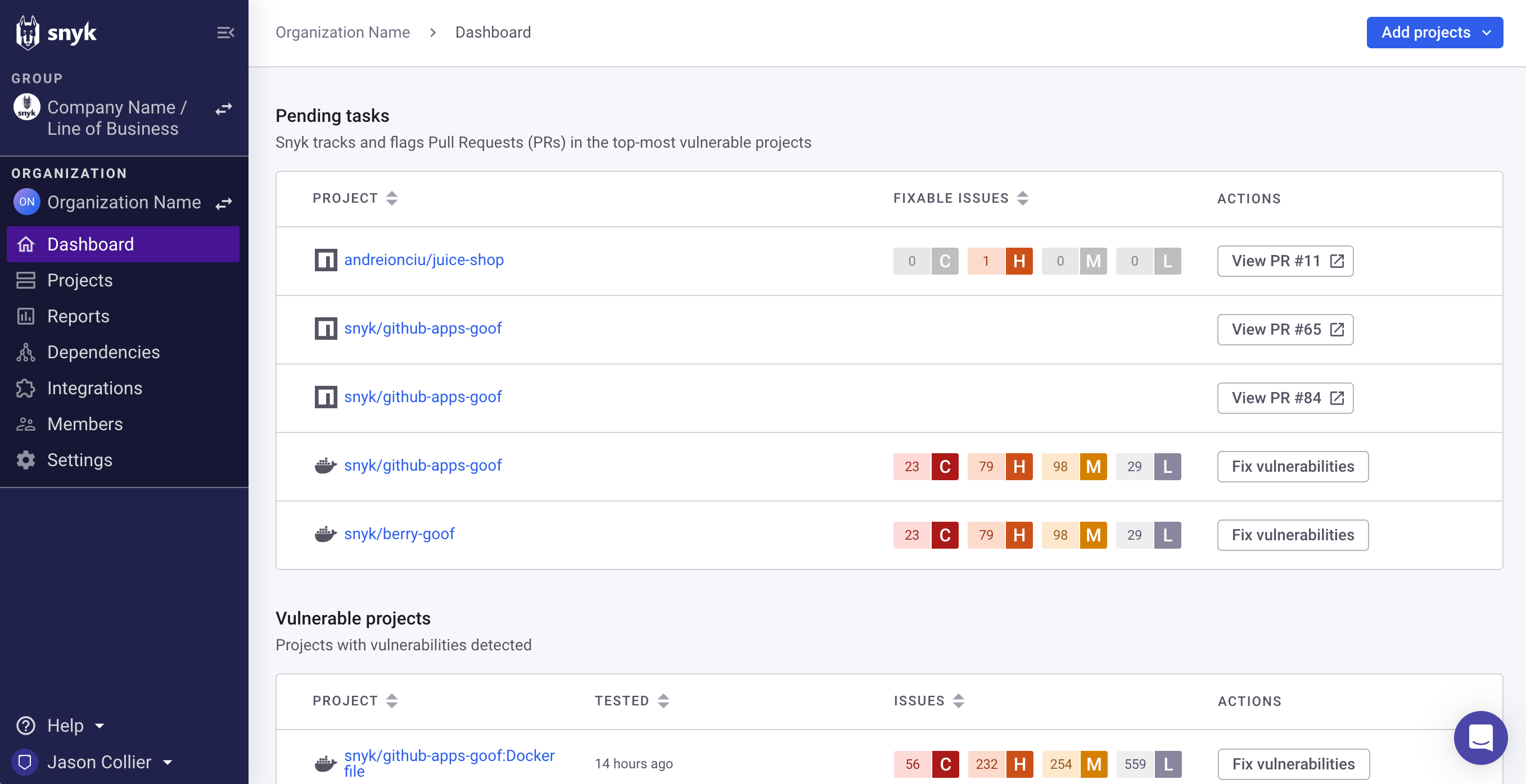 Snyk dashboard