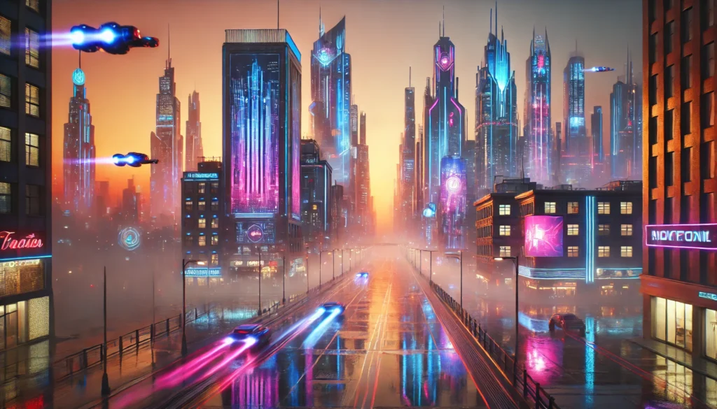 Futuristic city generated by ChatGPT with skyscrapers, flying cars, and streets