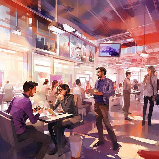 Employer of record - people working in the open space, sitting at the desks, drinking coffee, and chatting