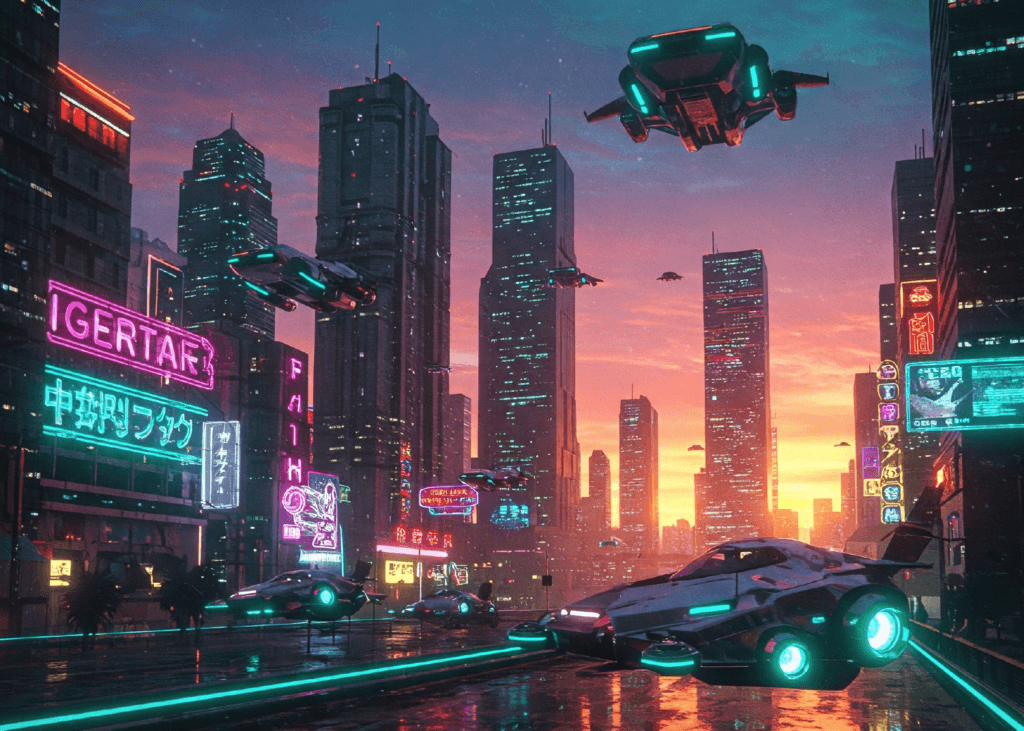 Futuristic city generated by Gemini with modern building resembling Cyberpunk game, with flying cars, and warm light