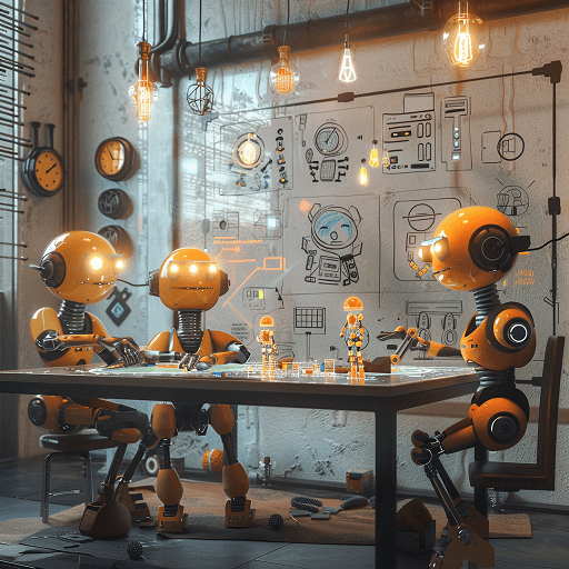 3 yellow robots sitting as the table and creating AI agents