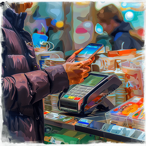 A person is paying in a shop using a mobile phone