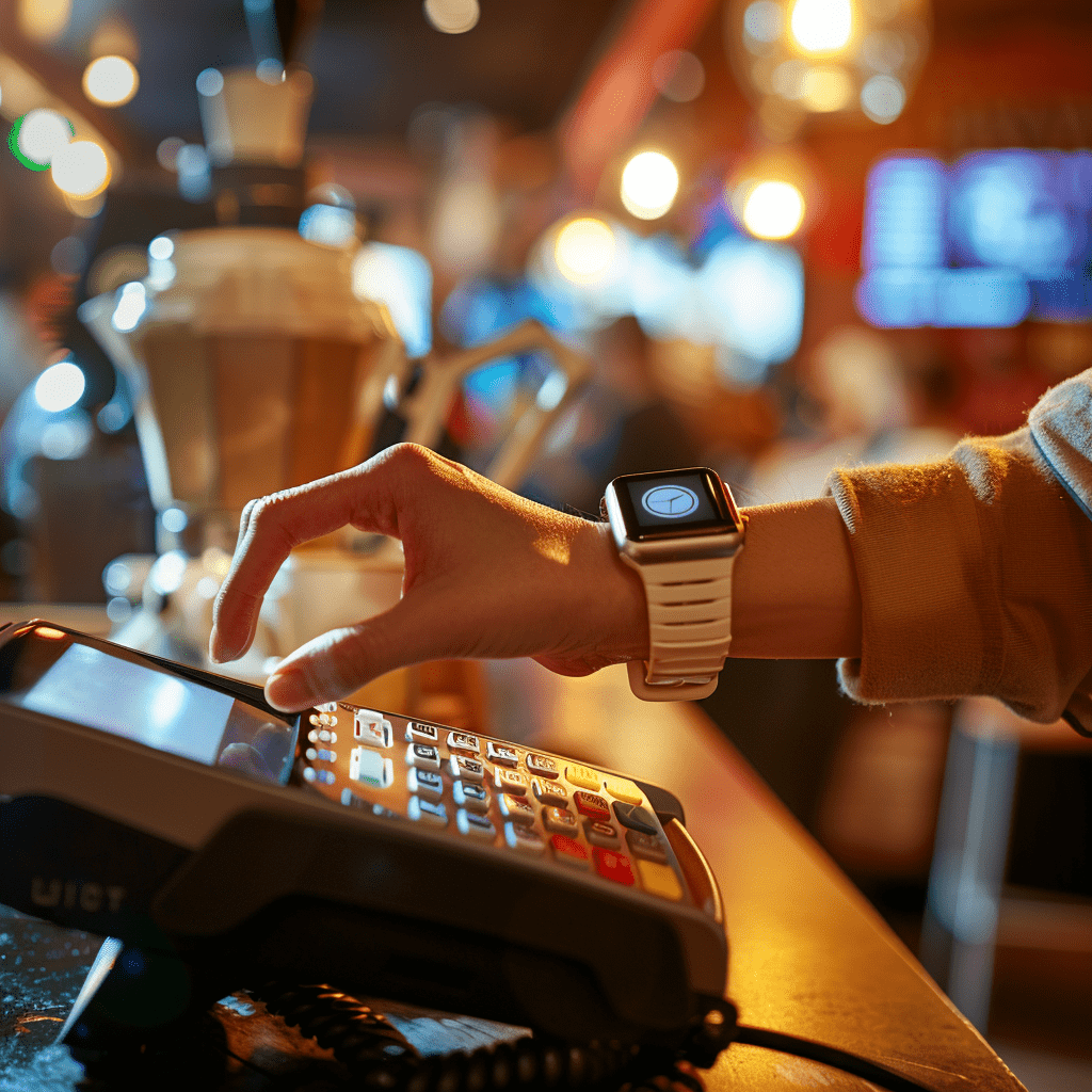 A person is paying using mobile devices