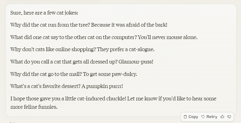 Cat jokes generated by Claude