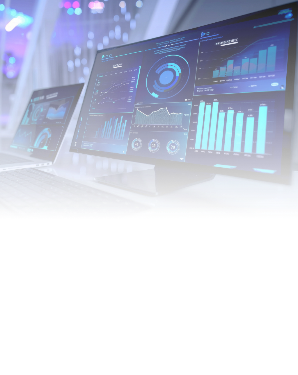 Data management platforms visible on the computer screens