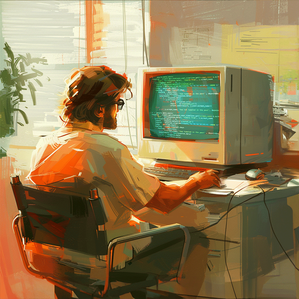 A web developer is sitting at the old-style computer studying the support of legacy systems