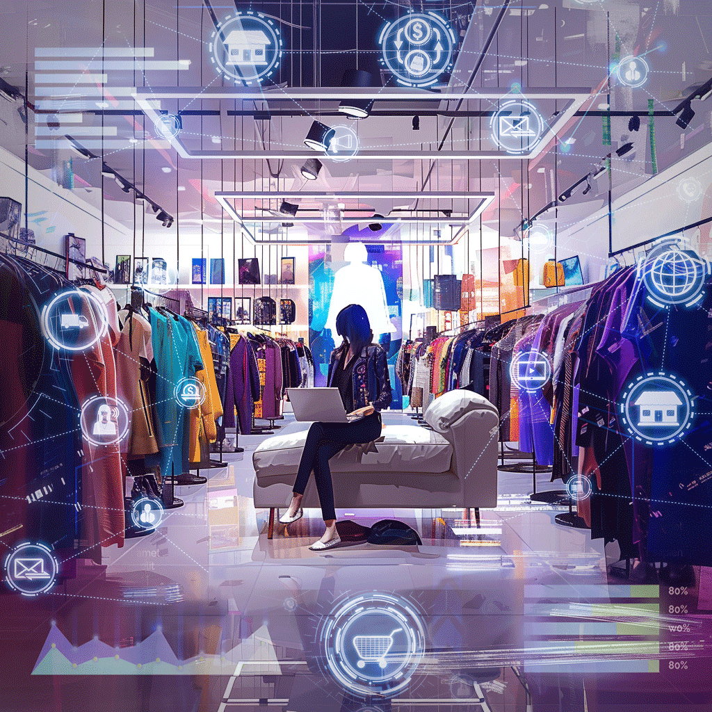 A woman with a computer in the middle of a shop