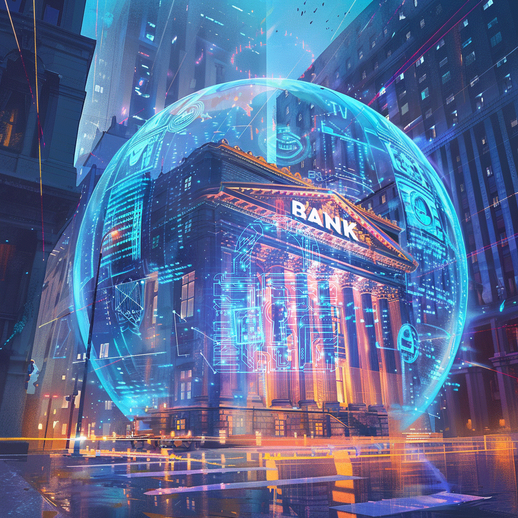 A bank in the bubble between tall administrative buildings