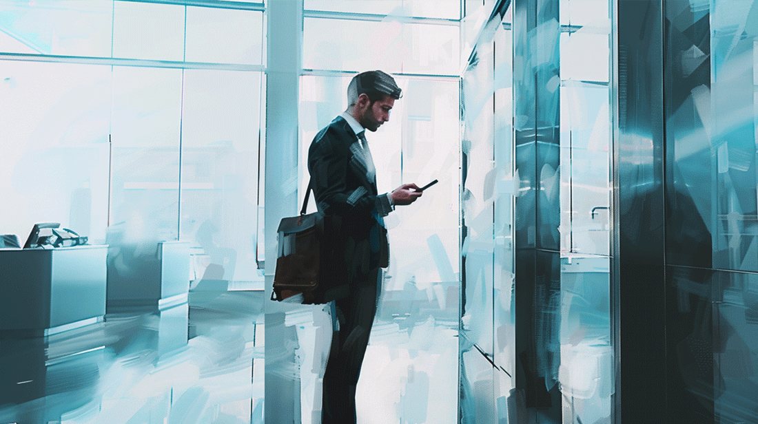 A man is using a mobile banking app waiting for the elevator