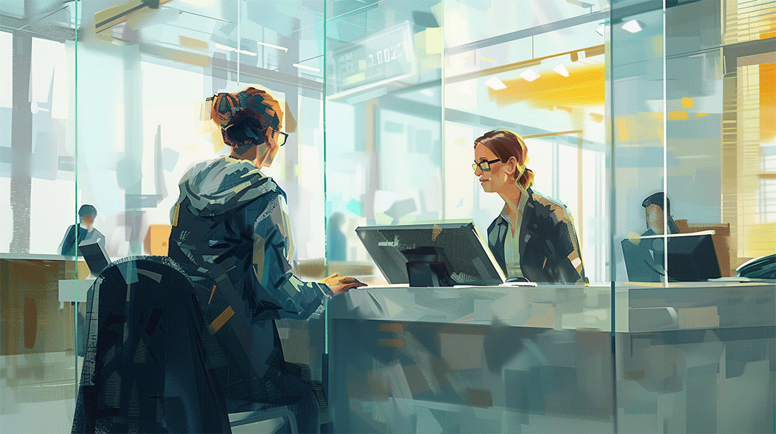 graphics with a customer in a brick and mortar bank