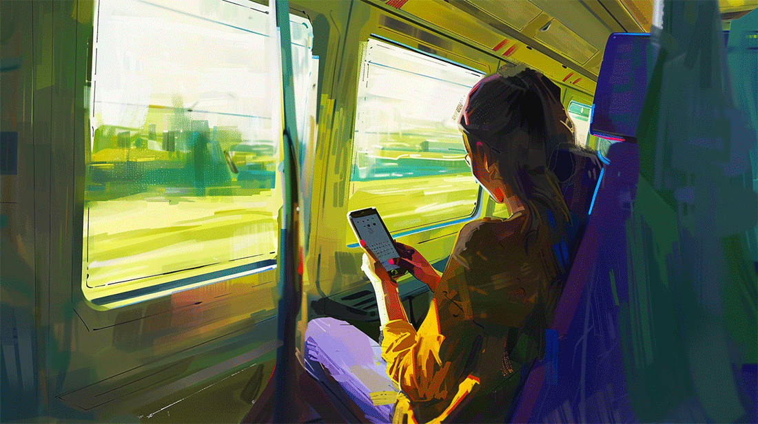 graphics of a person using a mobile banking app on a train
