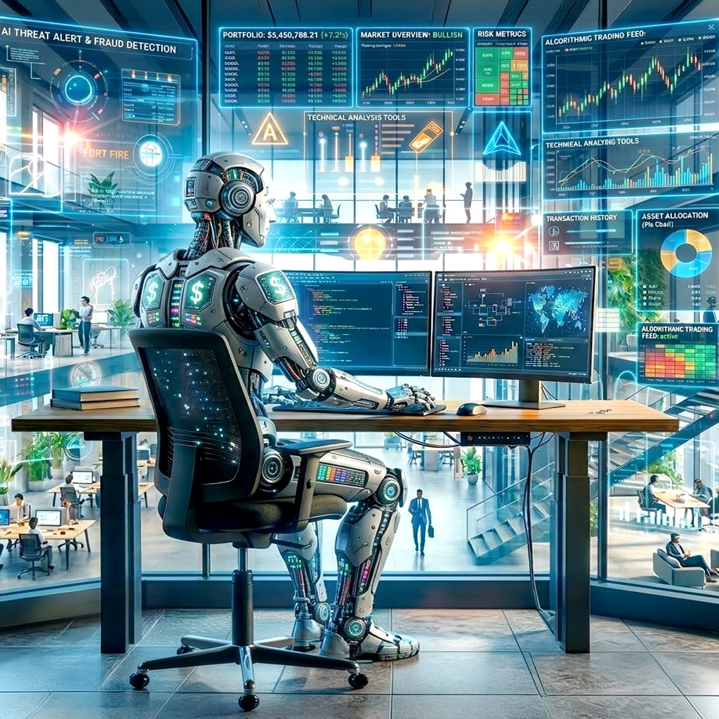 A robot sitting at the table with a computer and analyzing fintech data