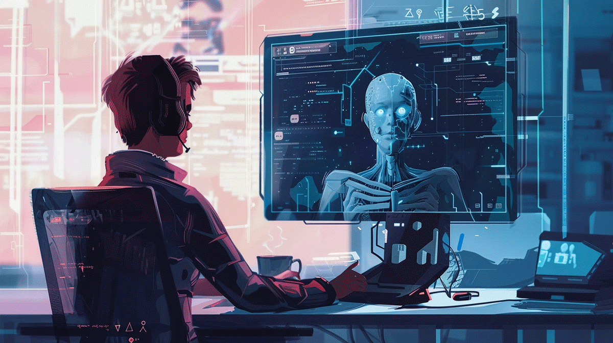 A young web developer is sitting at the computer