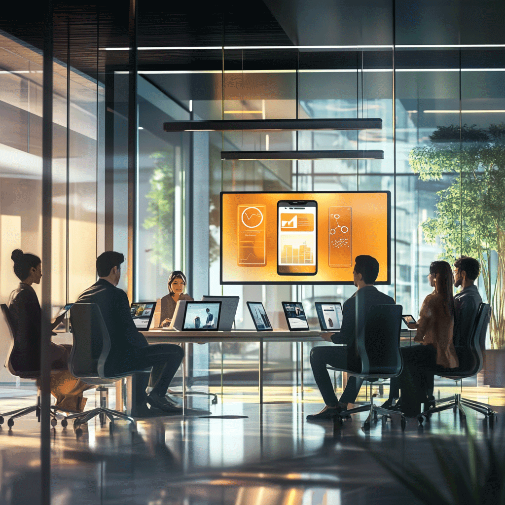 People sitting on a meeting and discussing a mobile app on a presentation