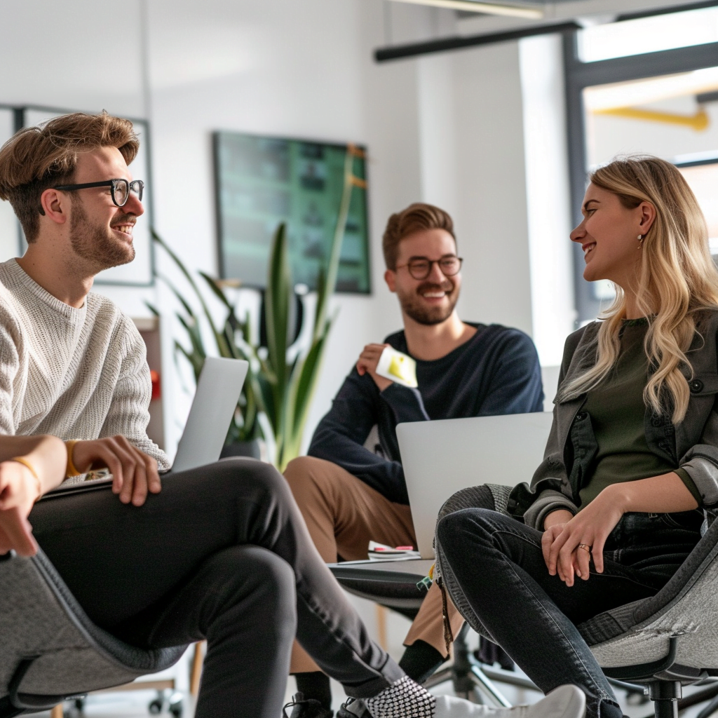 Colleagues socializing at work, sitting together, chatting