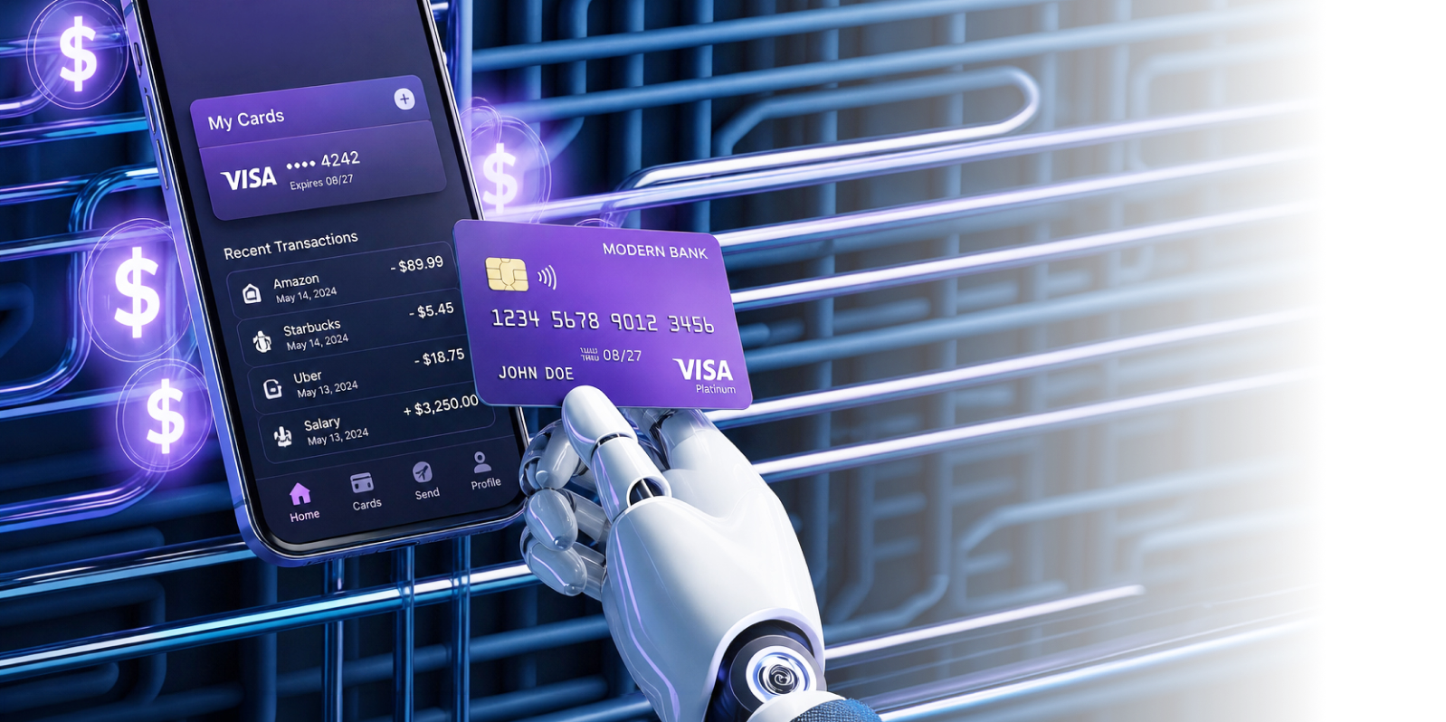 A robotic hand holding a purple credit card next to a mobile banking app displaying recent transactions