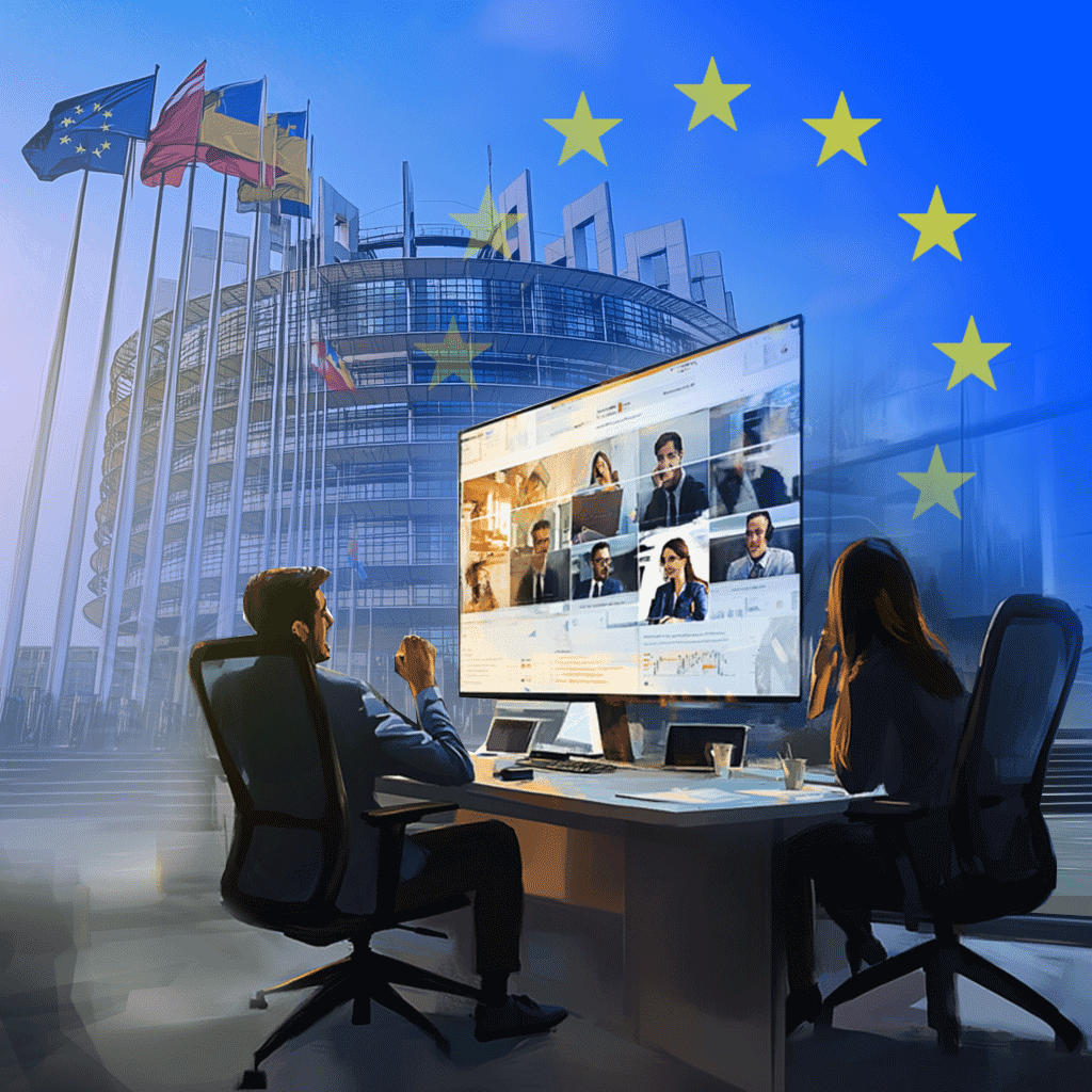 people sitting in a conference room of a financial institution and having an online meeting with their IT outsourcing providers. There's an EU building in the background together with the EU flag.