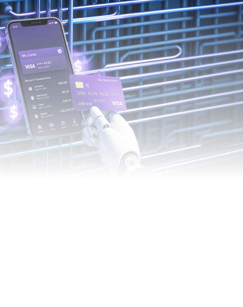 Robotic hand presenting a credit card alongside a mobile banking interface