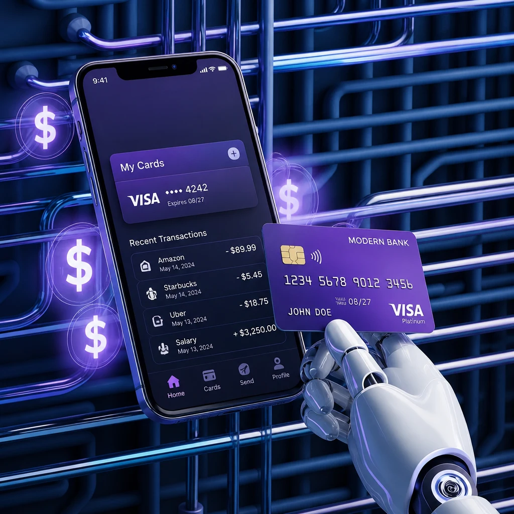 a robot hand holding a bank card next to a smartphone running a banking app