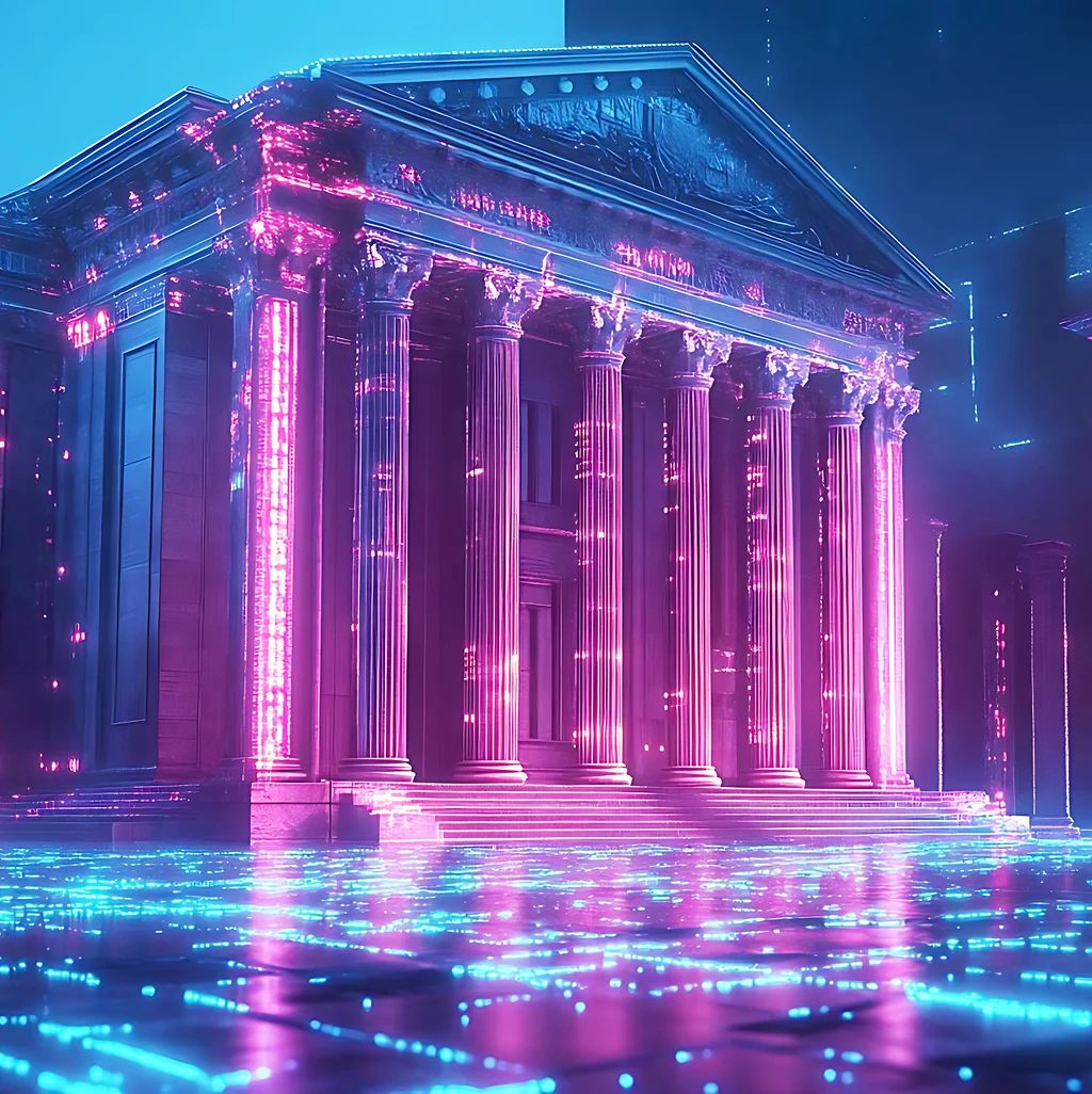 a classical bank building with glowing pink neon columns and a blue digital data grid on the ground