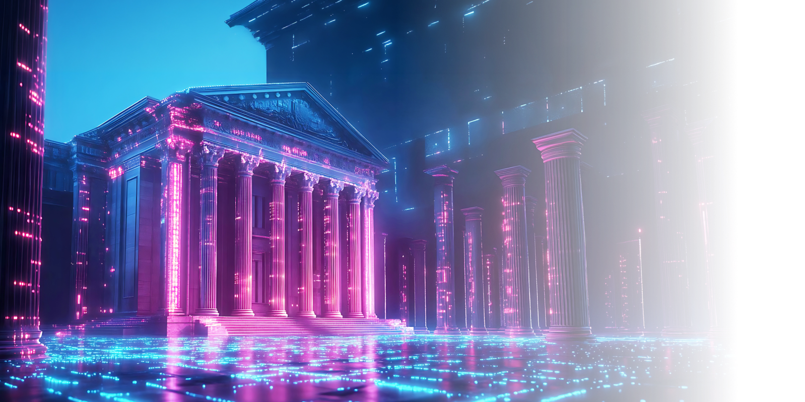 bank building overlaid with glowing digital code, evoking the role of data analytics in transforming modern financial institutions