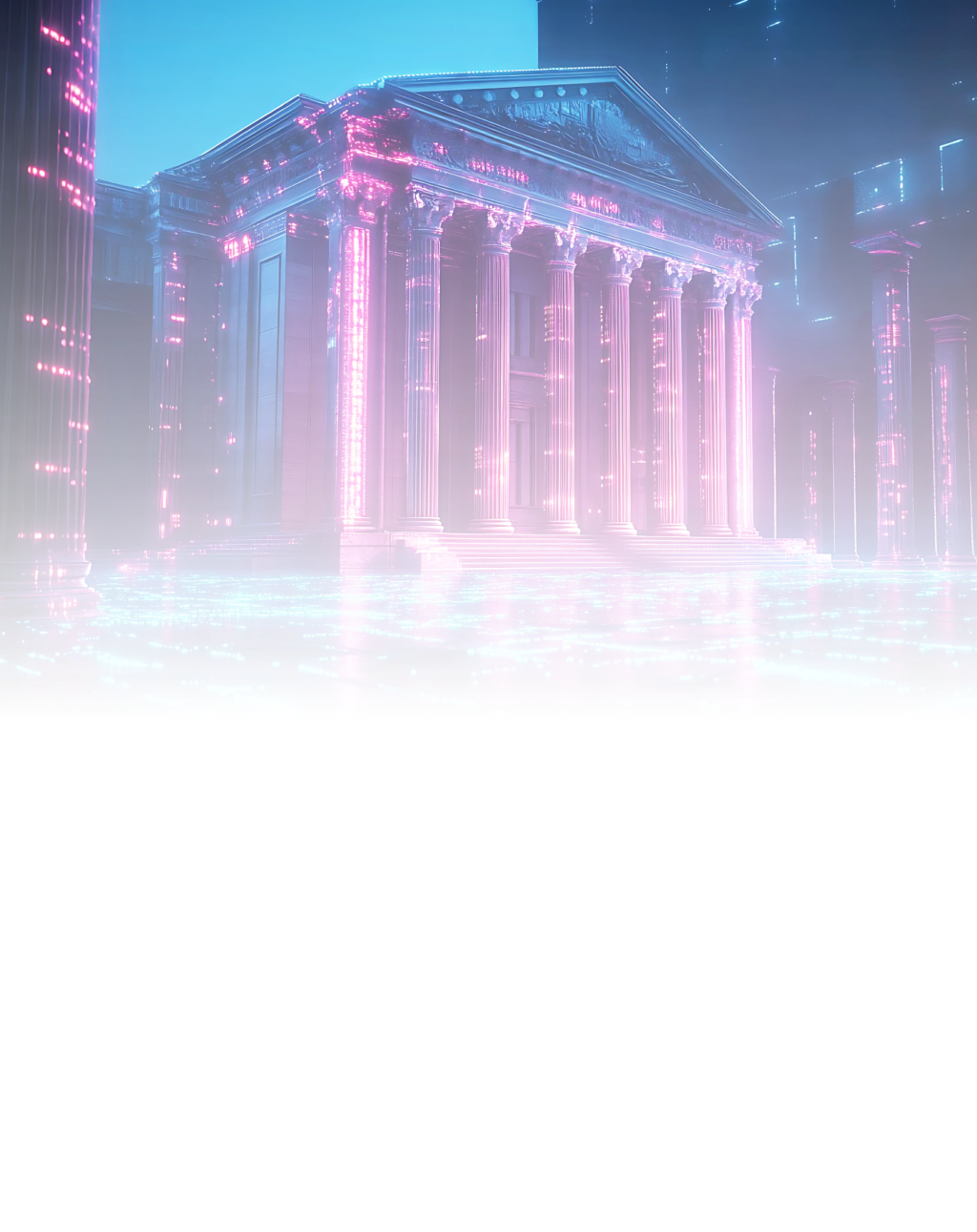 bank surrounded by streaming data particles, representing the intersection of traditional banking and big data technology