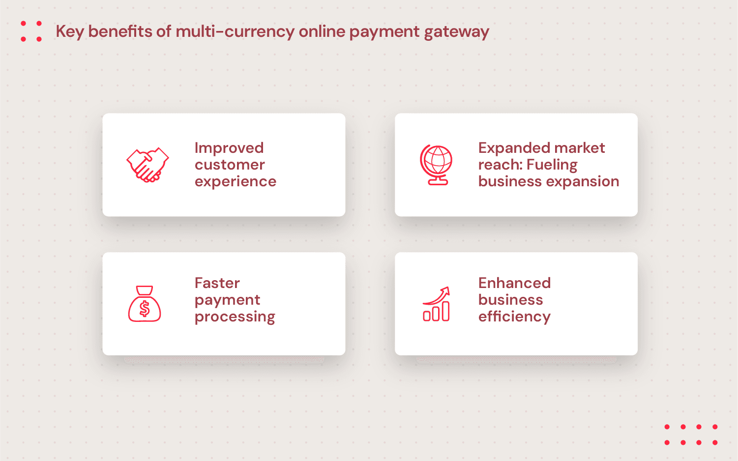 a graphic showing the key benefits of using a multi-currency payment gateway