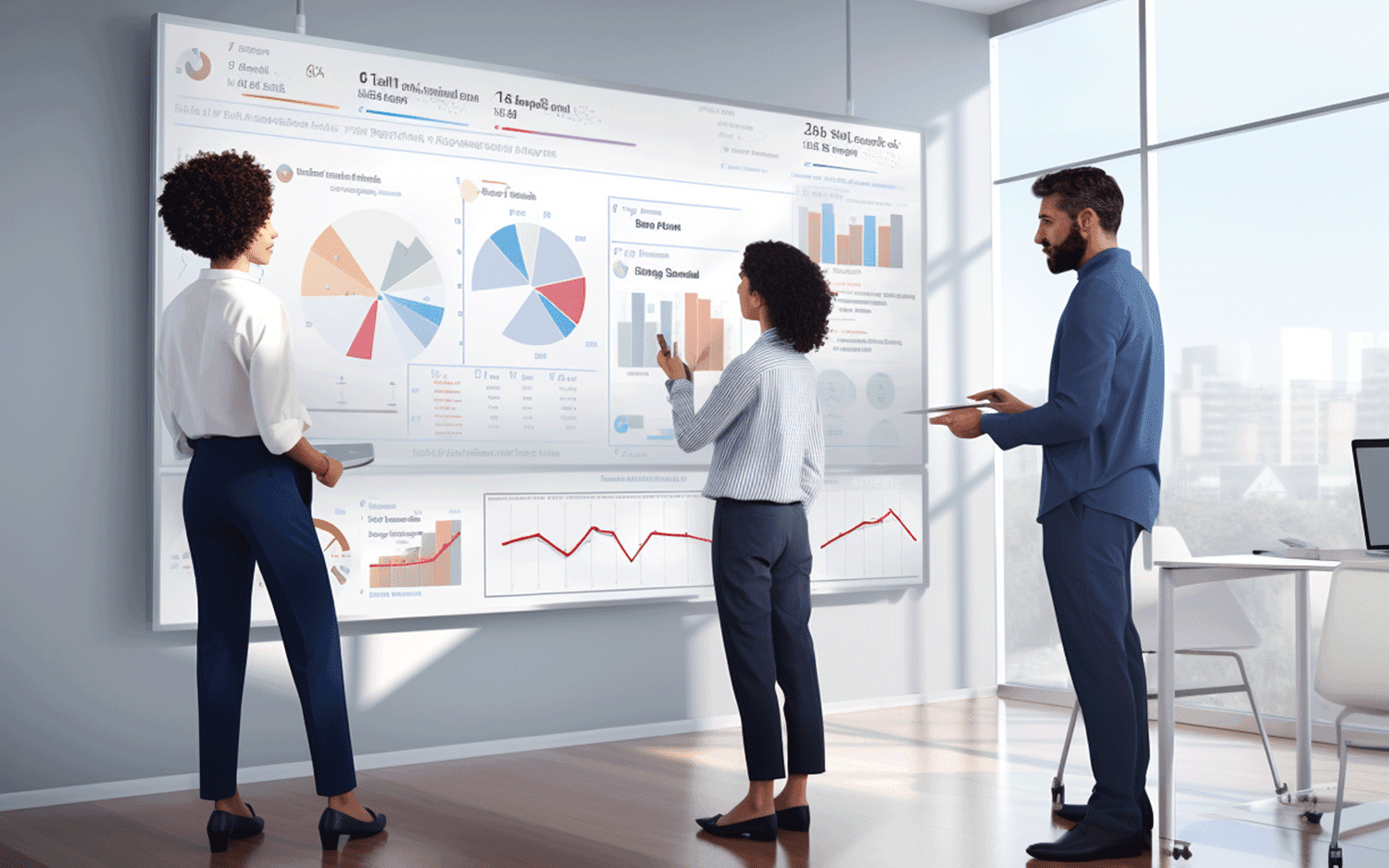 graphics of people testing an application standing in front of a graph with different data