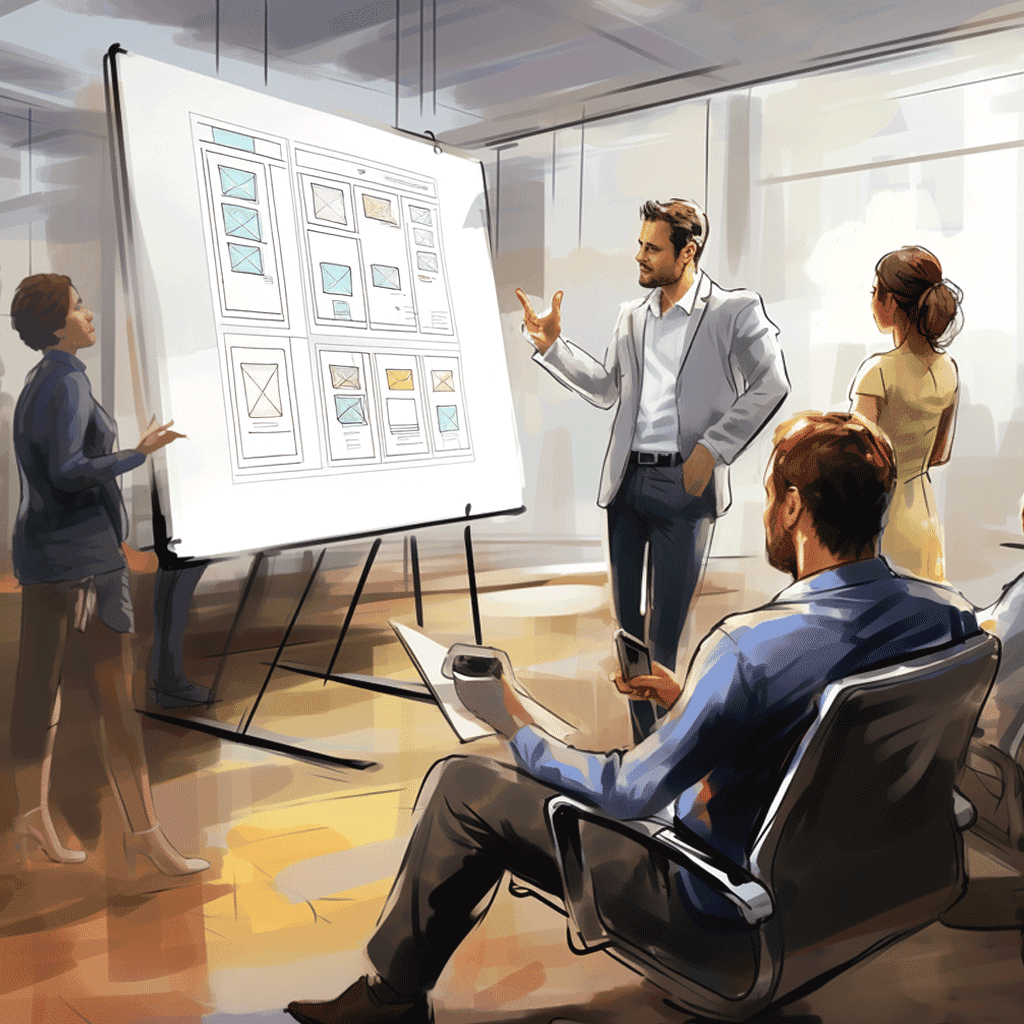 People discussing data in a meeting, one person is presenting, the rest is listening