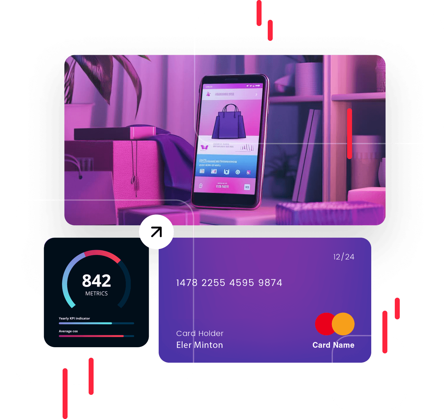 A credit cats and a product page of a bag on an online shop