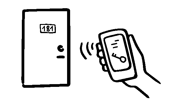 A hand with a mobile phone and a door