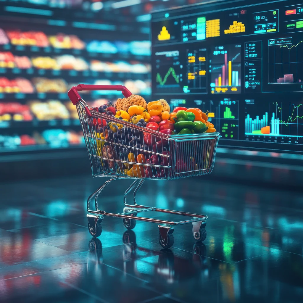 a shopping cart with products and dashboard in the background presenting big data analytics in retail