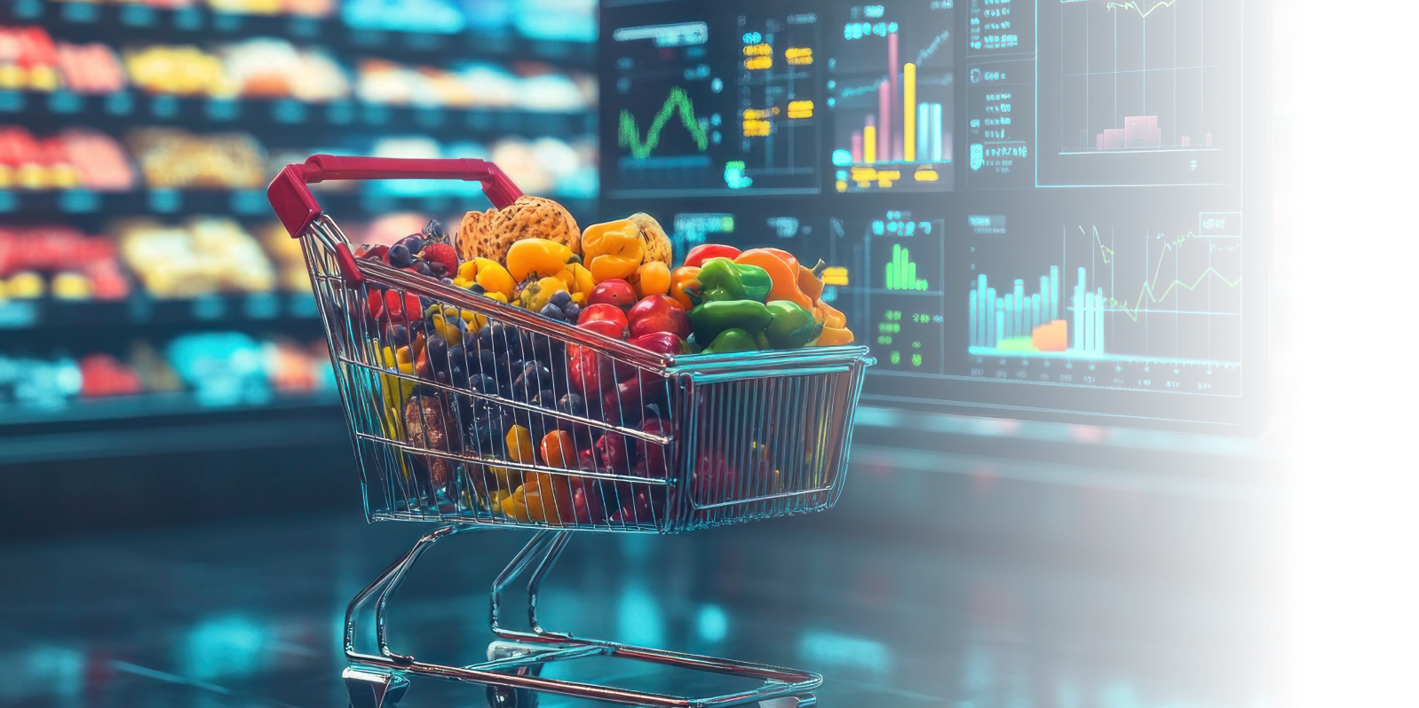 a trolley packed with products in a shop - big data in retail