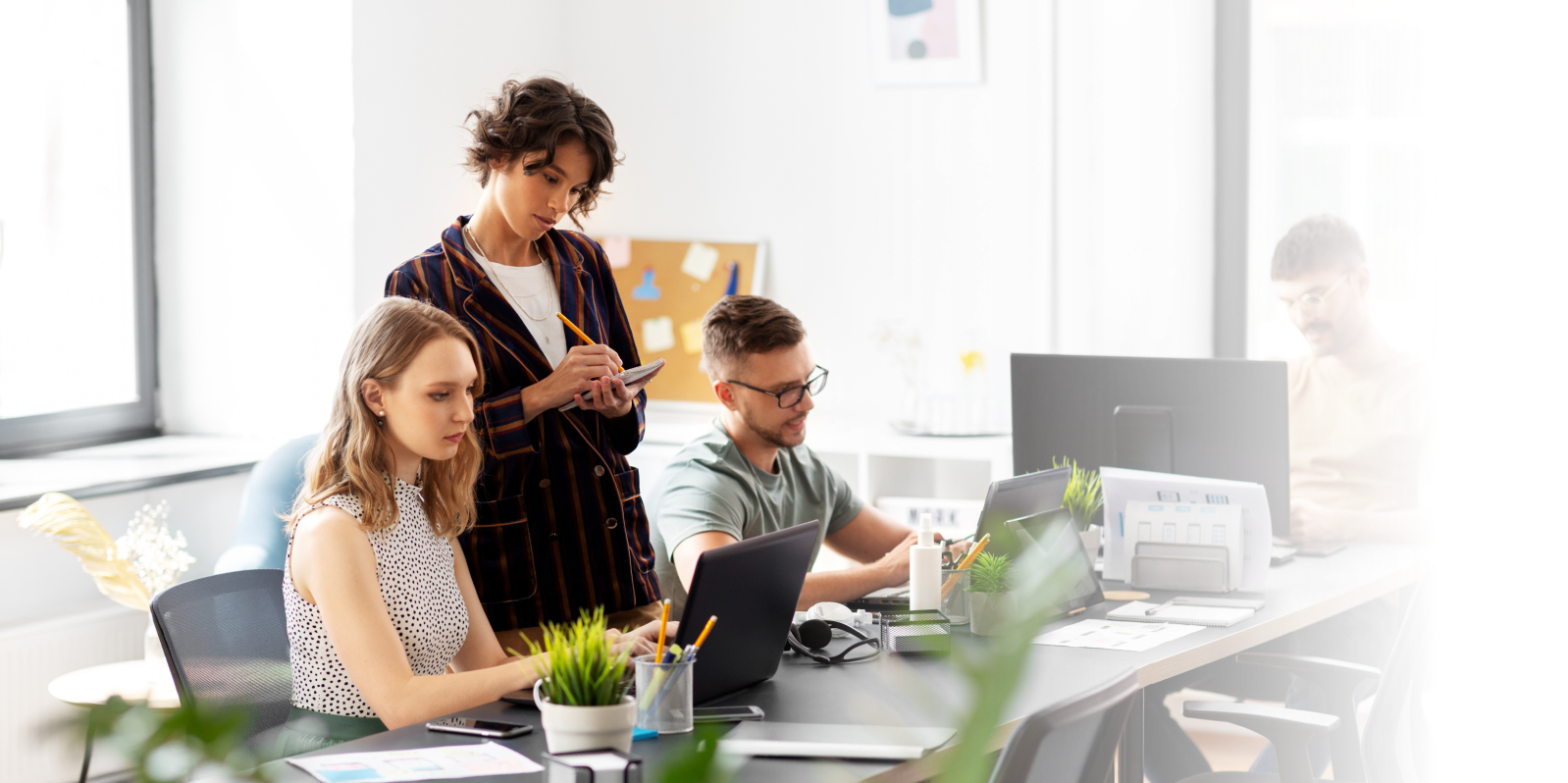 People, men and women, sitting at a big desk and working in front of computer screens, deciding between IT consulting and IT services