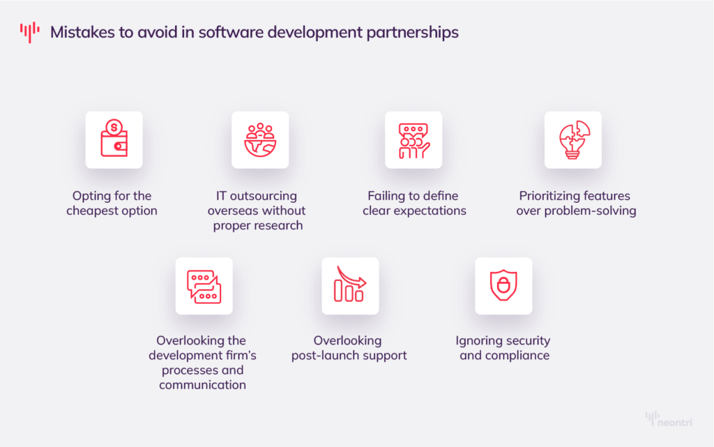 graphic with common mistakes to avoid in software development partnerships