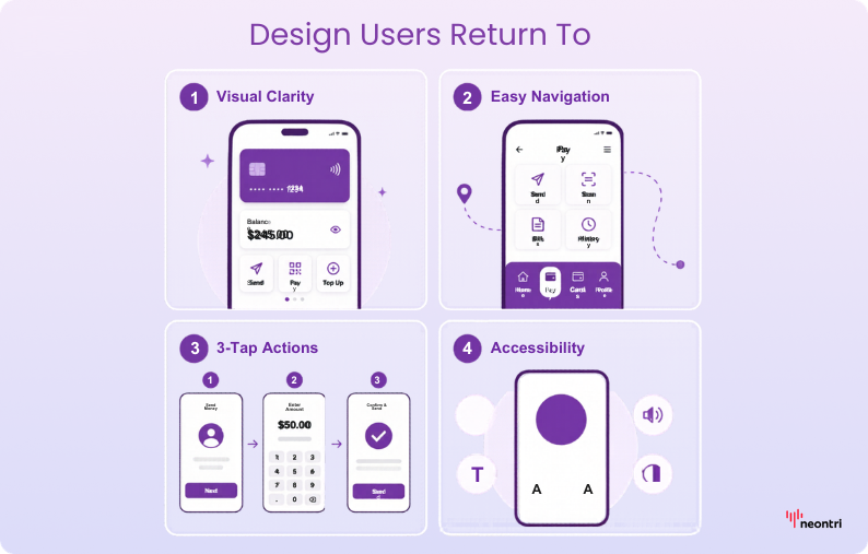 Money transfer app design principles: visual clarity, easy navigation, 3-tap actions, and accessibility to keep users returning.