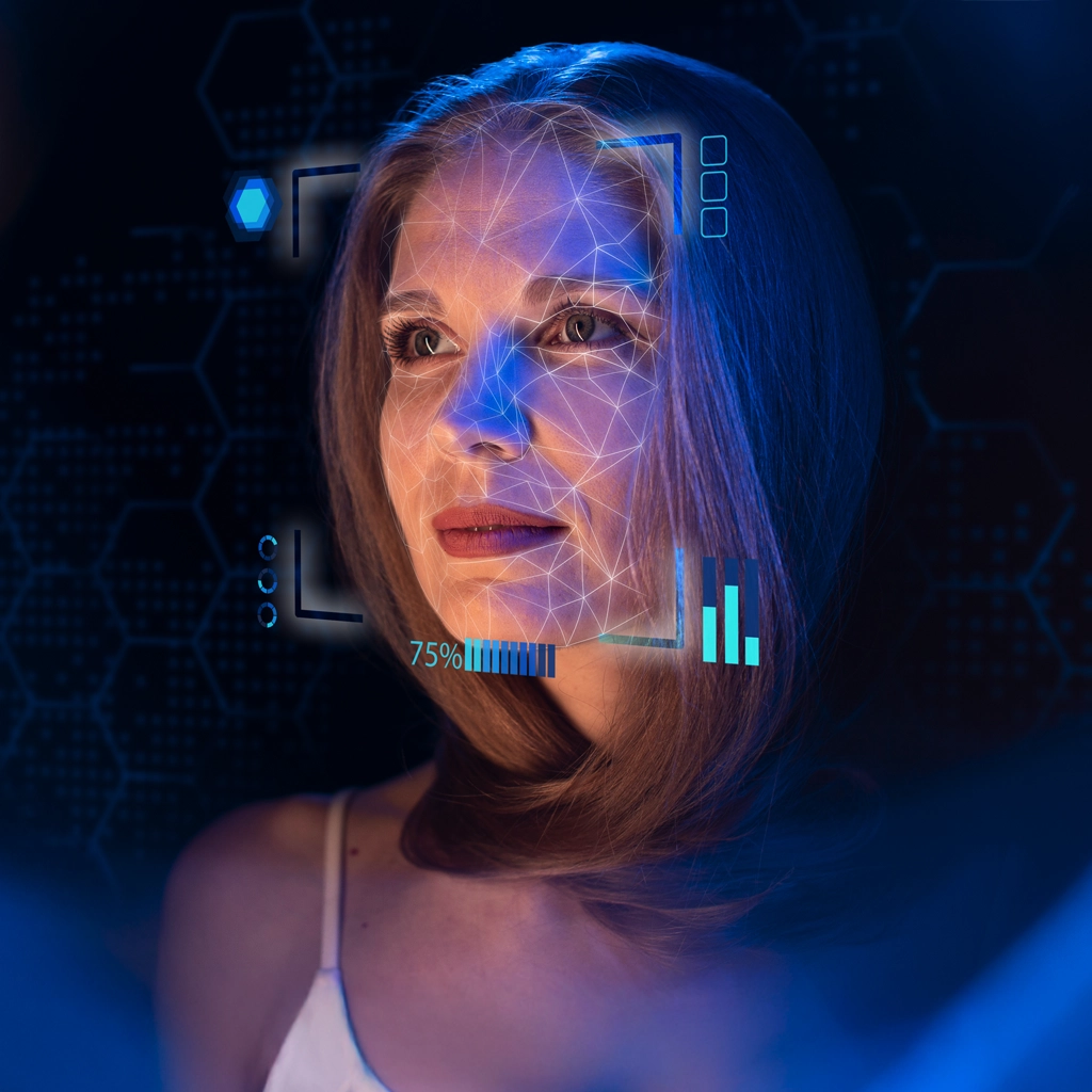 A woman in a digital environment with her face being analyzed