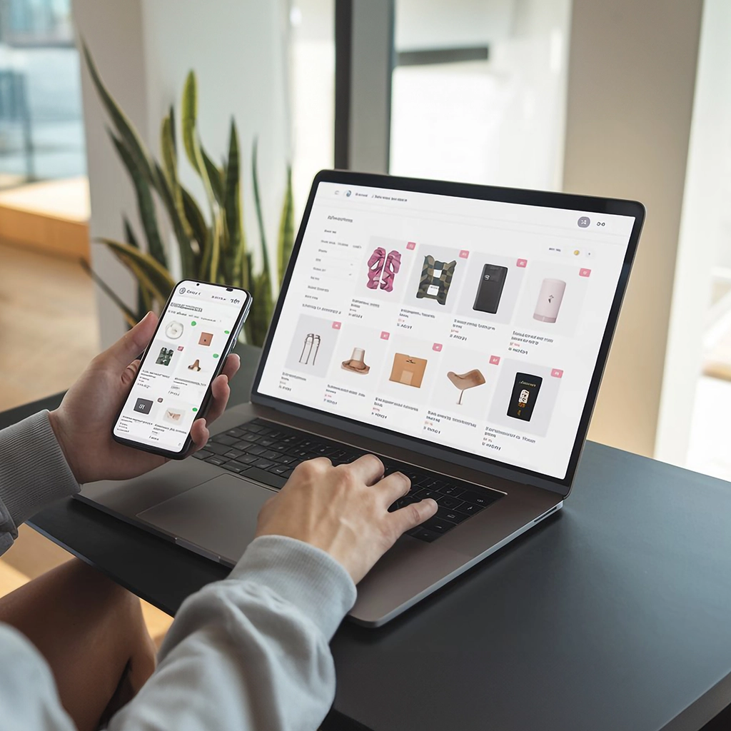 A person using a mobile phone and desktop for online shopping