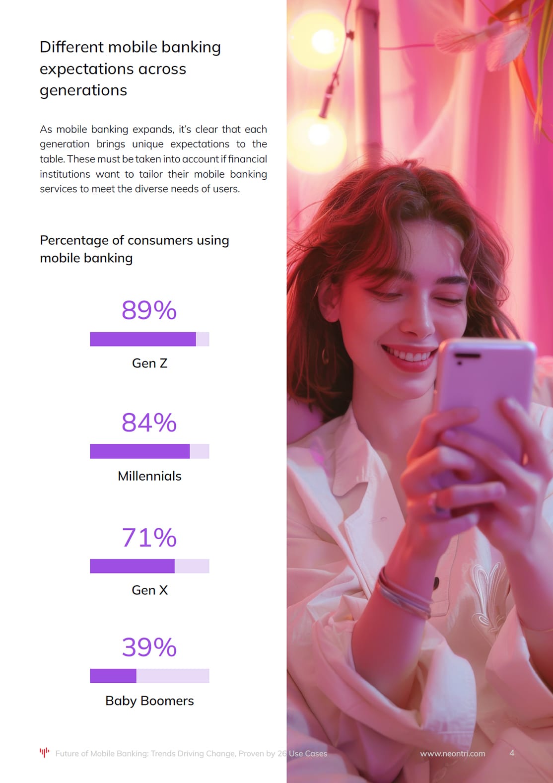A young woman is searching info on her mobile and numbers related to mobile banking expectations across generations