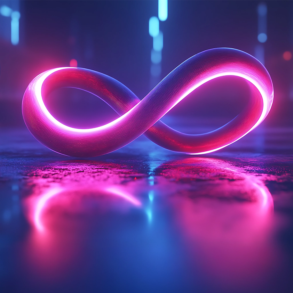 A symbol of DevOps- an infinity loop which represents constant activity and improved efficiency. DevOps is all about achieving: Continual Development