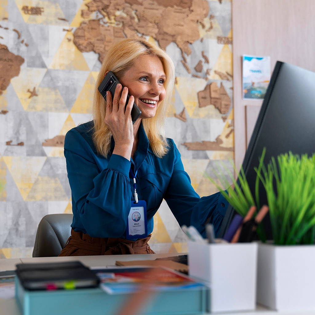Female IT professional working in front of a map
