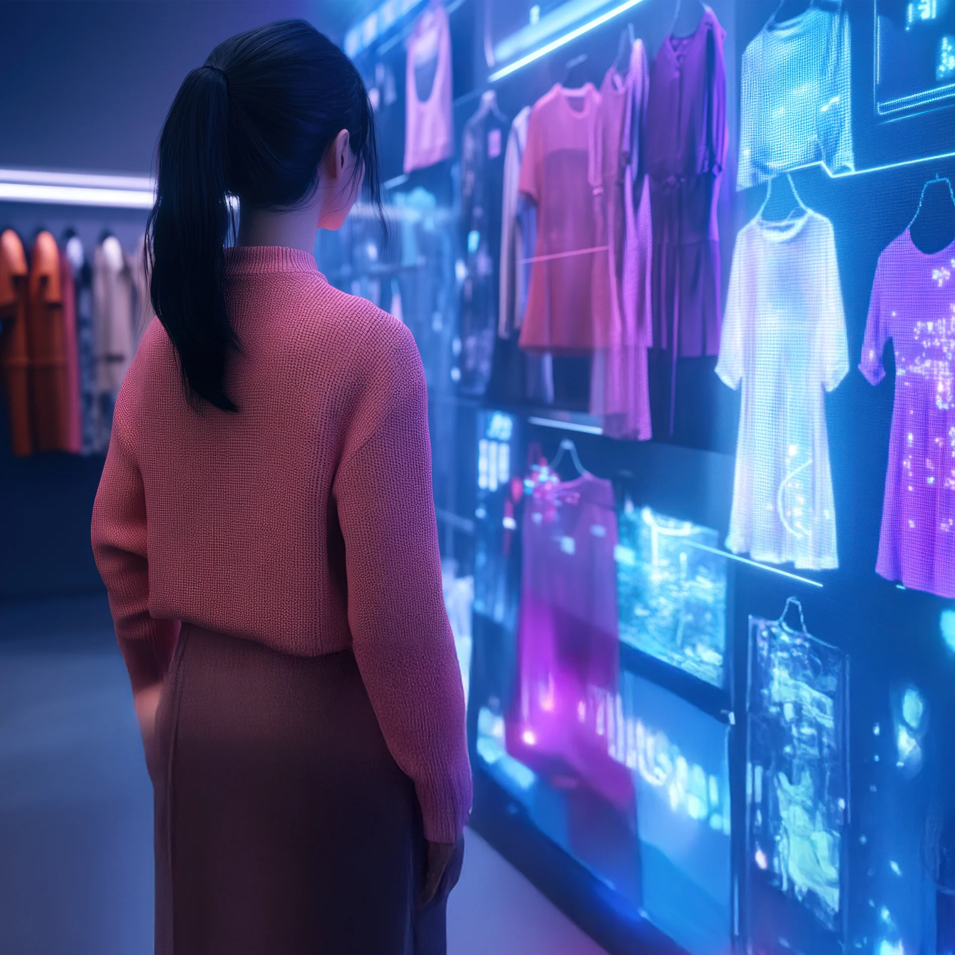 A woman in a fashion shop relying on AI to choose an item