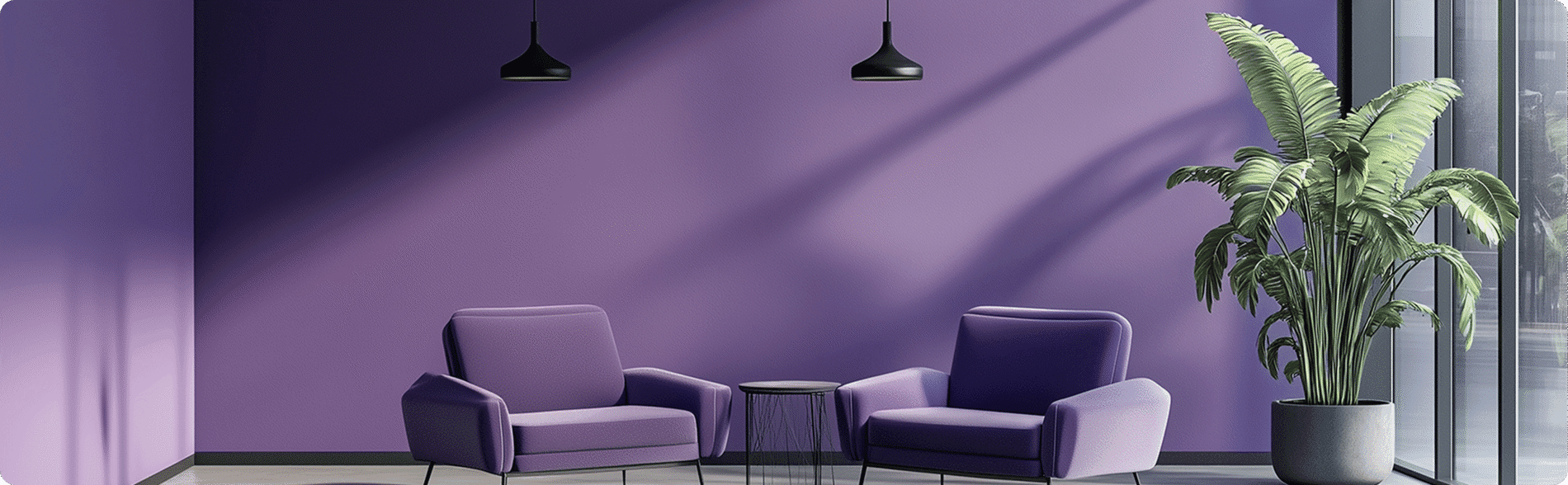 an office with purple walls, two chairs and a plant near the window