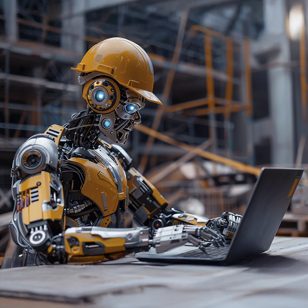 Ai revolution, a robot as an engineer working on the site