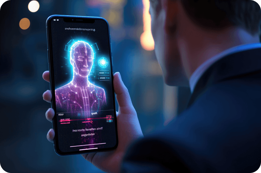 A person is talking with a robot on his mobile phone