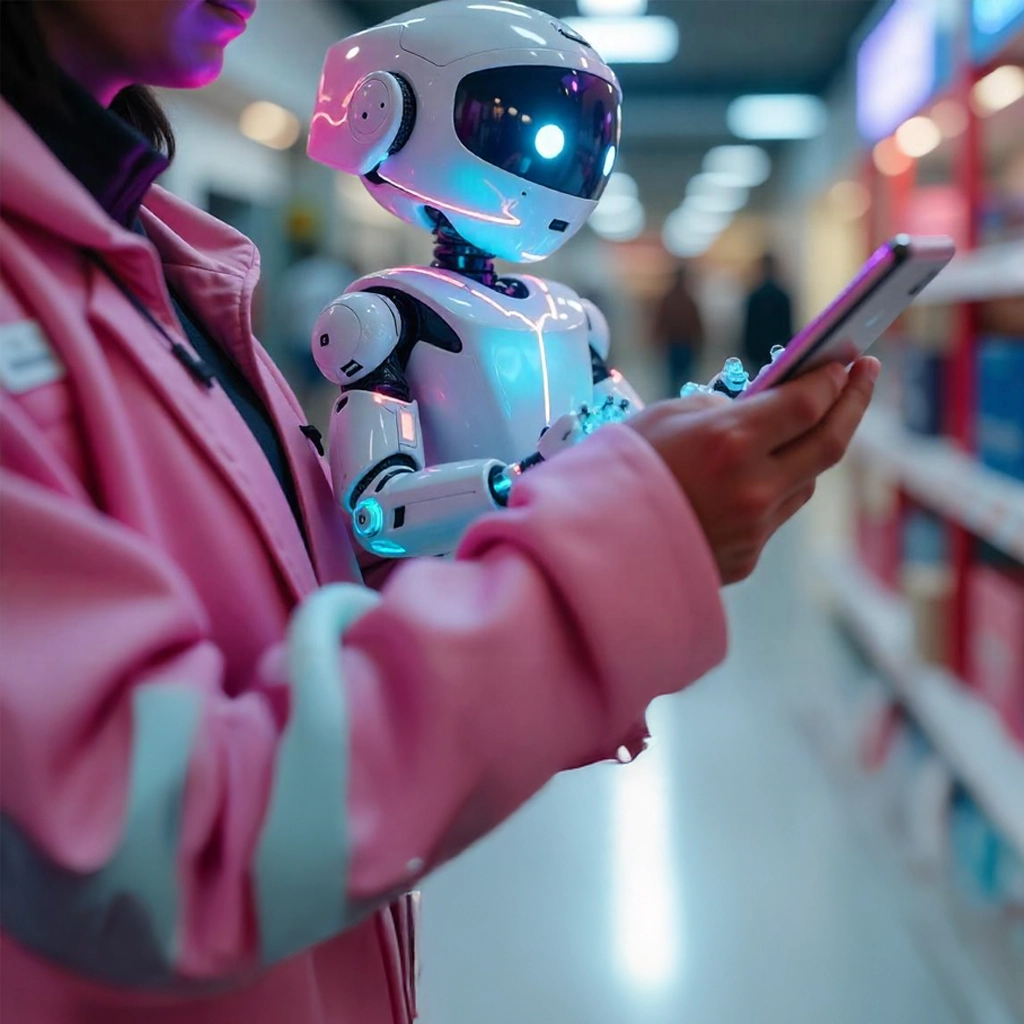 An AI agent helping a woman in the supermarket