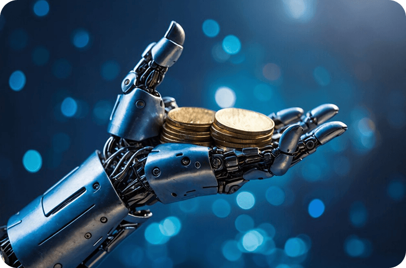 A robot hand with coins